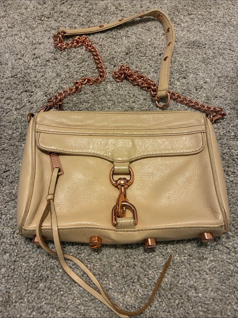 Rebecca Minkoff Mini Mac Beige Leather Crossbody with Rose Gold Chain